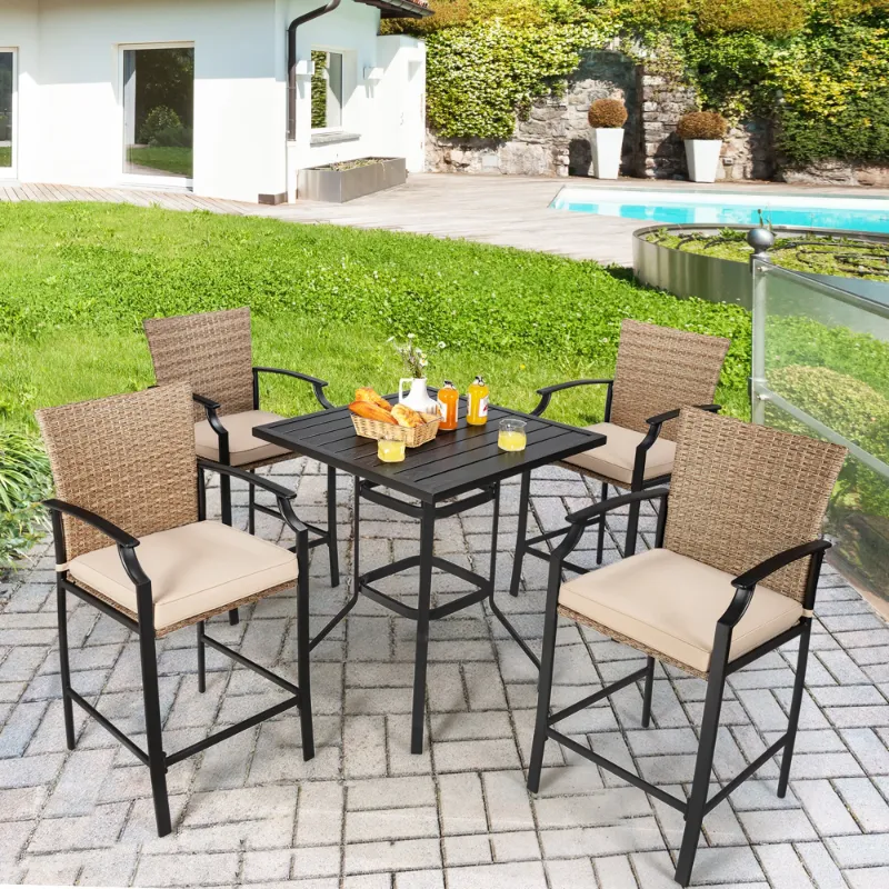 Photo 1 of  CHAIRS ONLY - 5-Piece Wood Bar Height Outdoor Rattan Bistro Bar Stool Table Set with Cushions 