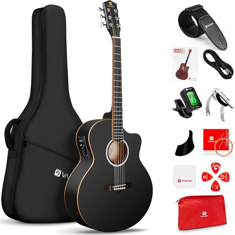 Photo 1 of Vangoa Acoustic Electric Guitar Kit, 41" Jumbo Electroacoustic Guitars Beginners Set, Wood Binding Cutaway Bundle with Built-in Pickup & EQs, Starter Intermediate Guitar for Adults, Matte Black