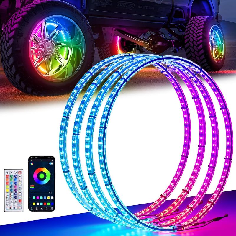 Photo 1 of 17" Double Row Wheel Lights, Brighter RGB Dream Chasing LED Rim Lights with App & Remote Control, Music Wheel Ring Light with Turn & Braking Signal Compatible with Various Trucks SUV Car 1 ct.