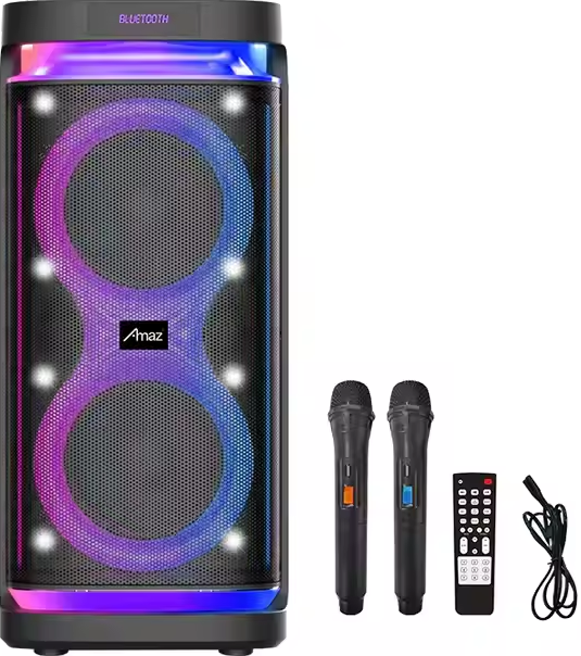 Photo 1 of Portable Karaoke Machine with 2 Wireless Mics, Daul 8" Speakers, LED Lights, PA System, Remote, Bass/Treble Adjustment, SD Card/USB, REC Rolling Wheels and Trolley, Auto Ducking Function