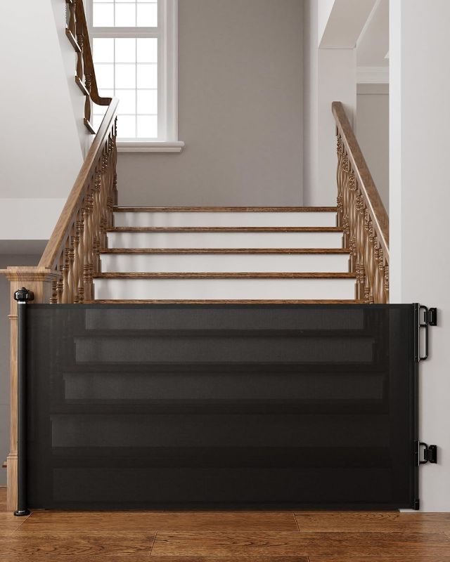 Photo 1 of Cumbor 76" Wide Long Retractable Baby Gates for Stairs, Mesh Dog Gate for the House, 34" Tall Extra Wide Pet Gate for Dogs, Child Safety Gates for Doorways, Hallways, Indoor/Outdoor(Black)