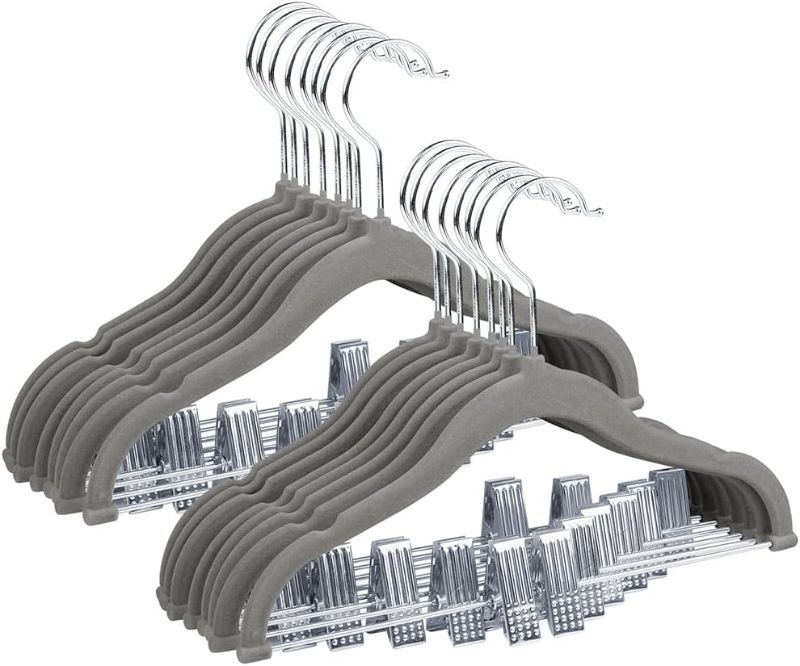 Photo 1 of Baby Hangers, 24 Pack Pants Hangers with Clips, Non-Slip Clothes Hangers, Heavy-Duty Kids Hangers for Shirts, Pants, Skirts, Dresses, Jackets, Coat (Gray)