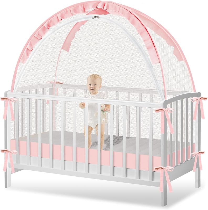 Photo 1 of Crib Tent - Crib Net to Keep Baby in - Baby Crib Tent to Keep Baby from Climbing Out, Durable Breathable Pop Up Baby Crib Tent, Safety Net, Canopy Netting Cover (Pink, Lager)