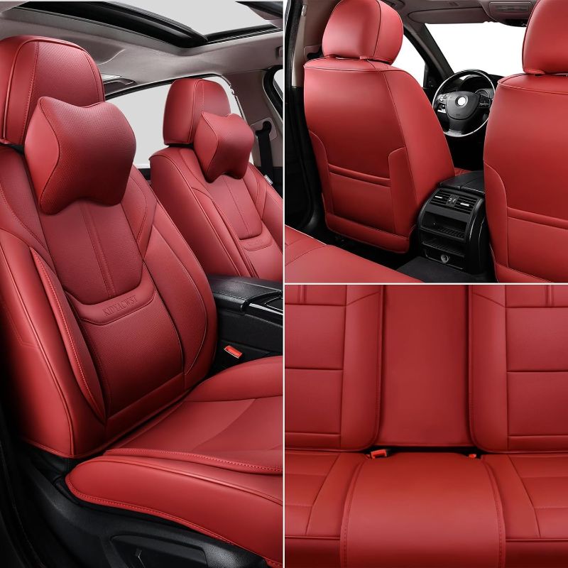 Photo 1 of Auto Car Seat Covers Accessories Full Set Leather Cushion Protector Breathable Waterproof Seat Cover for Cars Universal Fit (Wine, Front Pair and Rear)