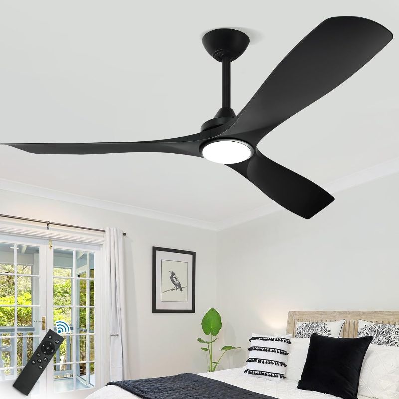 Photo 1 of 52-Inch Ceiling Fan with Light: Black 3 Blade Outdoor Fans for Patios - Indoor Ceiling Fan with Remote Control Ultra Quiet DC Motor Reversible 6 Speed Timer