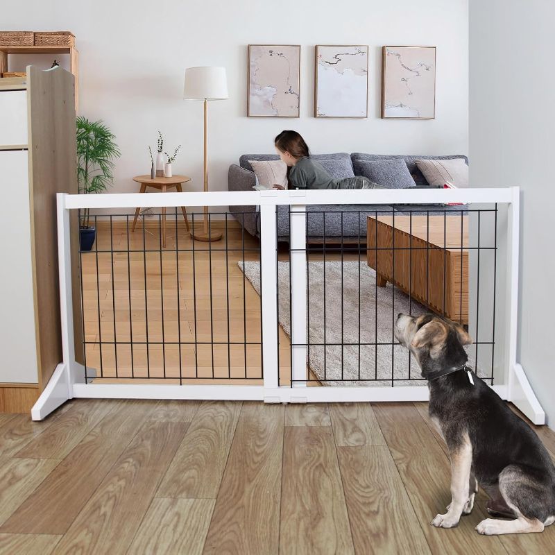 Photo 1 of Free Standing Indoor Dog Gate for The House Expandable Freestanding Dog Gates Indoor Wood White Expandable Pet Gate Adjustable Extra Wide Puppy Gates 24 inches Tall Width from 30 to 53 inches