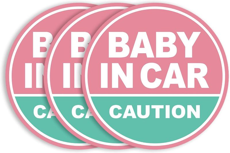 Photo 1 of GEEKBEAR Baby in Car Vehicle Magnet - Colorful, Reflective, Weather-Resistant - Circular 4.7 x 4.7 in (Light Pink/Turquoise, 3 Pack)