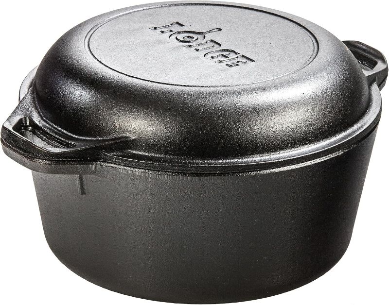 Photo 1 of Lodge 5 Quart Pre-Seasoned Cast Iron Double Dutch Oven with Lid - Dual Handles - Lid Doubles as 10.25 Inch Cast Iron Grill Pan - Use in the Oven, on the Stove, on the Grill or over the Campfire - Black