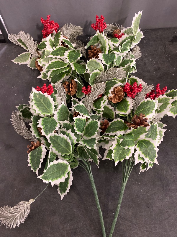 Photo 1 of 4 Bundles 19" Artificial Christmas Flowers with Holly Berries Pine Cones Leaves Fake Christmas Branches Tree Pick Christmas Faux Flower Stems Bouquet for Floral Arrangement Home Xmas Decor