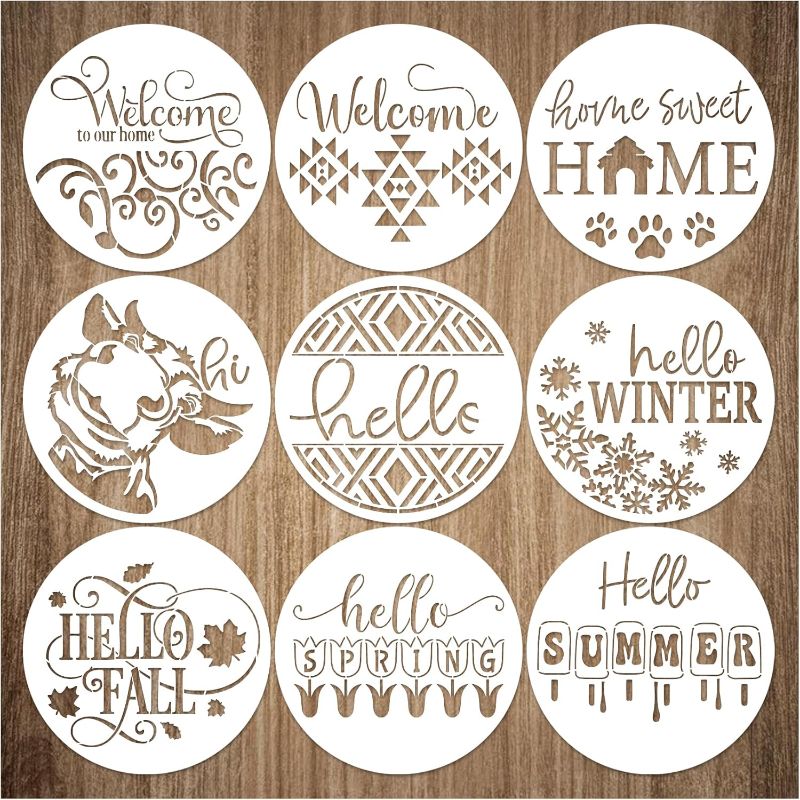 Photo 1 of 9 Pcs Welcome Stencils for Painting on Wood Reusable Round Home Sweet Home Stencil Large Hello Fall Templates for Door Hanger Canvas DIY Crafts (9 Welcome)