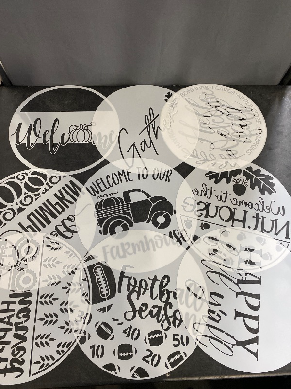 Photo 1 of 9 Pcs Welcome Stencils for Painting on Wood Reusable Round Home Sweet Home Stencil Large Hello Fall Templates for Door Hanger Canvas DIY Crafts (9 Welcome)