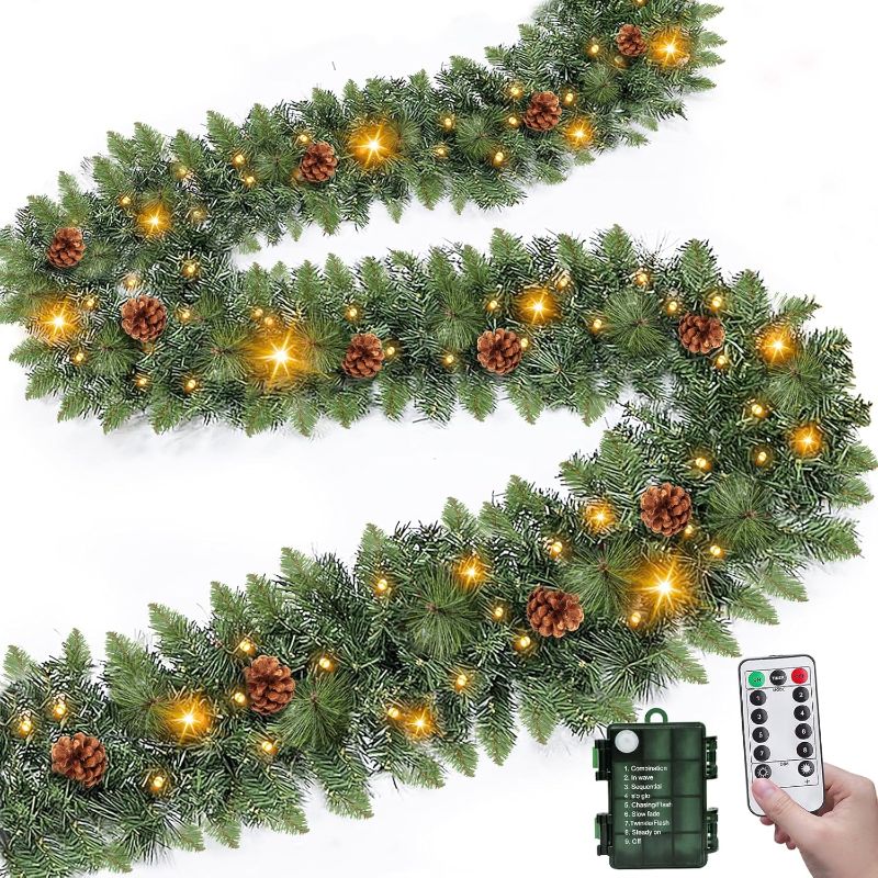 Photo 1 of Remote Control - 9 Ft by 12 Inch Thick Prelit Christmas Garland with 50 Warm White & Colorful Lights Timer 8 Mode 270 Realistic Branches 10 Pinecone Battery Operated Cedar Garland Outdoor Mantle Stair