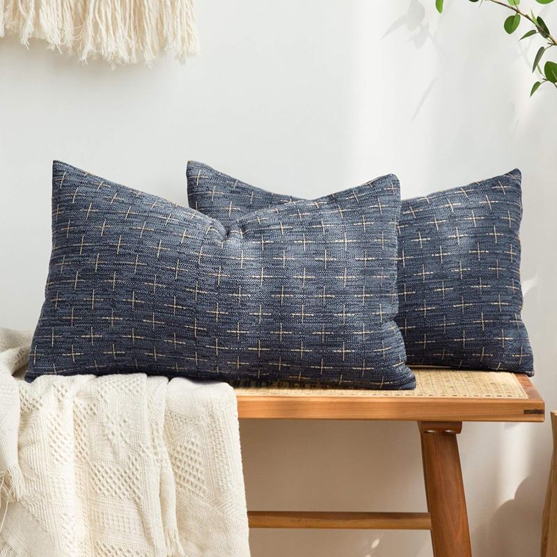 Photo 1 of MIULEE Pack of 2 Decorative Burlap Linen Throw Pillow Covers Modern Farmhouse Vintage Pillowcase Rustic Woven Textured Cushion Cover for Sofa Couch Bed 12x20 Inch Blue
