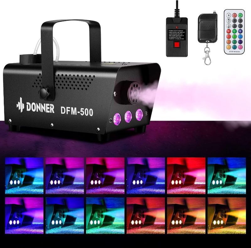 Photo 1 of Donner Fog Machine with 13 Colors, 500W 2000CFM Party Smoke Machine with RGB LED Light, Indicate Light with 2 Wireless Remote Controls for Halloween Festival Wedding Indoor Use