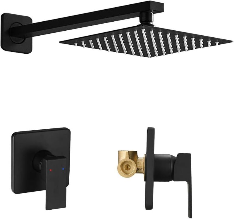 Photo 1 of Matte Black Shower Faucet Set, Single Function Shower Trim Kit with Rough-in Valve, Square Rain Shower Head System Included Extra Long Shower Arm for Bathroom