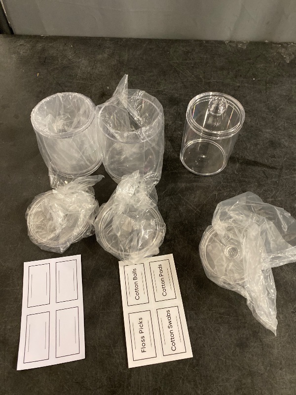 Photo 1 of 4 Pack  Plastic Acrylic Bathroom Vanity Countertop Canister Jars with Storage Lid, Apothecary Jars Qtip Holder Makeup Organizer for Cotton Balls,Swabs,Pads,Bath salts (Clear, 12oz&10oz)