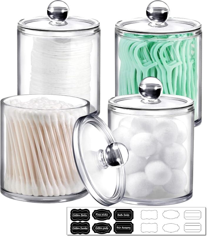 Photo 1 of 4 Pack  Plastic Acrylic Bathroom Vanity Countertop Canister Jars with Storage Lid, Apothecary Jars Qtip Holder Makeup Organizer for Cotton Balls,Swabs,Pads,Bath salts (Clear, 12oz&10oz)