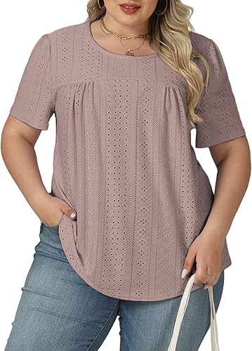 Photo 1 of XXL Womens-Plus-Size-Summer-Tops Trendy Eyelet Embroidery T Shirts Cute Curved Hem Tunics Casual Short Sleeve Blouse Tees
