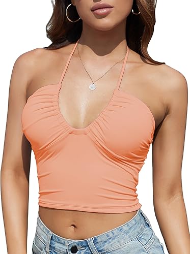 Photo 1 of Small Honlyps Padded Crop Tank Tops for Women Ribbed Sexy Camisole Halter Tie V Neck Top Backless Shirts Going Out Trendy Summer