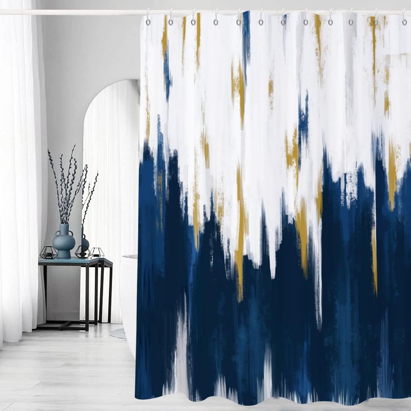 Photo 1 of Navy Blue Shower Curtain, Navy White Gold Brush Strokes Graffiti Oil Painting Modern Art Abstract Bathroom Curtain Waterproof Fabric Machine Washable with Hooks, 72" Wx72 L