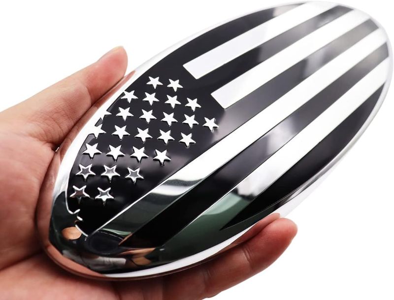 Photo 1 of Front Grille American Flag Emblem for Ford, Rear Tailgate Emblem Badge Nameplate for Ford F150 F250 F350 (9", Black and Silver)