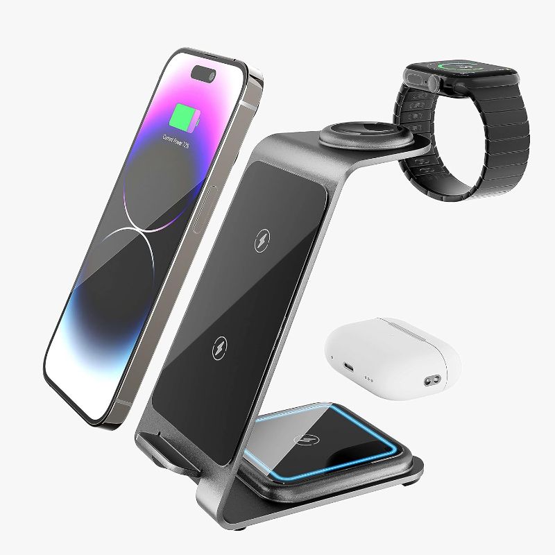 Photo 1 of Wireless Charger, 3 in 1 Wireless Charging Station, Charging Stand for i-Phone 16/15/14/13/12, Wireless Charging Station for Apple, Charging Stand for Apple Watch Series, Air-Pods (Black)
