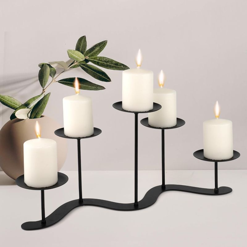 Photo 1 of Fireplace Candle Holder for Home Decor: 17 inch Candle Stand for Indoor Dining Living Room - Black Metal Pillar Candelabra for Outdoor Wedding Party - Advent Halloween Christmas