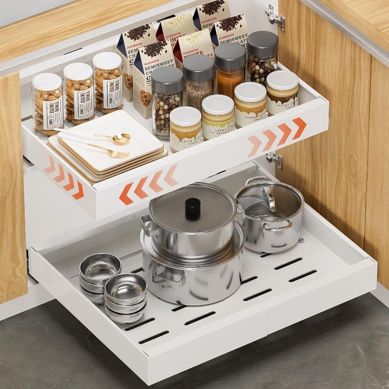 Photo 1 of 1Pack Expandable Pull Out Cabinet Organizer 16.5"Deep, Adjustable Width 12.2"-20.4" Slide Out Drawers & Roll Out Shelves for Kitchen Cabinets, Easy Install with Double-Sided Adhesive, White