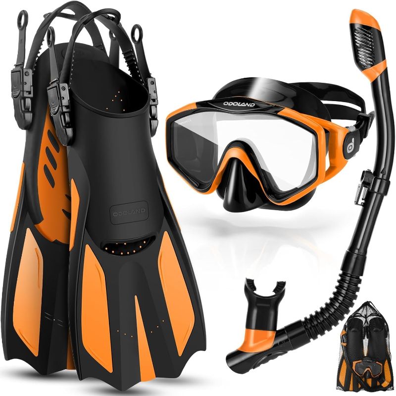 Photo 1 of Odoland Snorkel Set, Adults Snorkeling Packages with Dry Top Diving Mask, Adjustable Swim Fins, Mesh Bag, Anti-Fog Anti-Leak Snorkeling Gear for Men Women