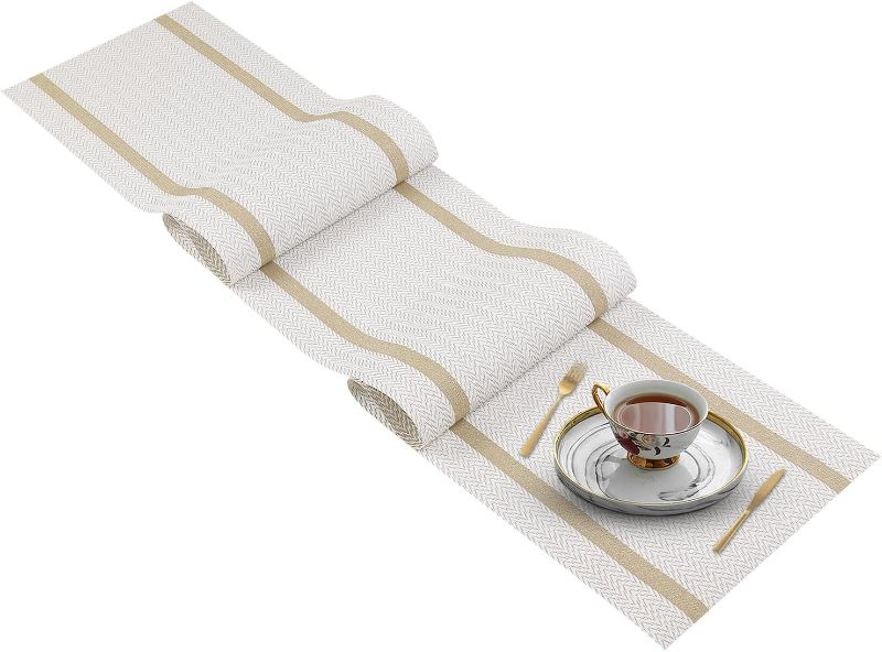 Photo 1 of FAVE Woven Vinyl Table Runner White Table Runner Woven with Golden Threads 72x12 Inches Heat Resistant Wipeable Dining Table Mats