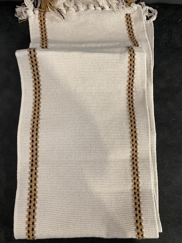 Photo 1 of FAVE Woven Vinyl Table Runner White Table Runner Woven with Golden Threads 72x12 Inches Heat Resistant Wipeable Dining Table Mats