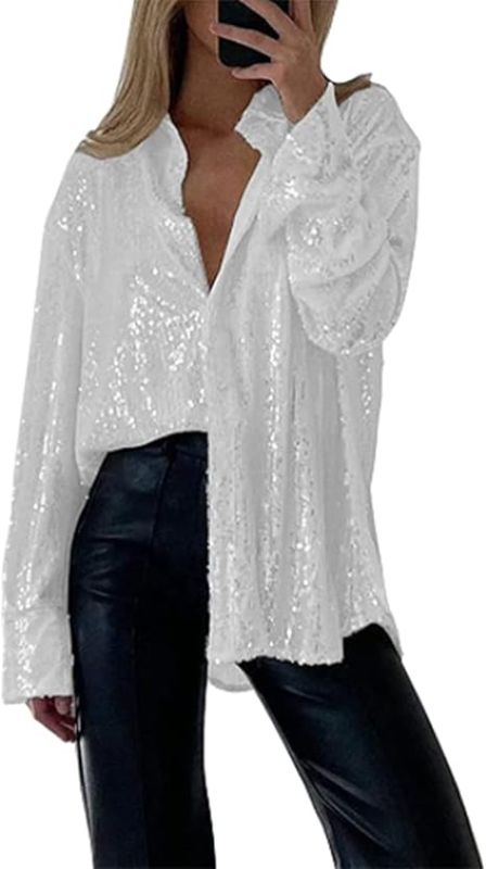 Photo 1 of L Women's Sequin Top Lapel Button Down Long Sleeve Sparkly Glitter Shirt Loose Boyfriend Cardigan Blouse Clubwear