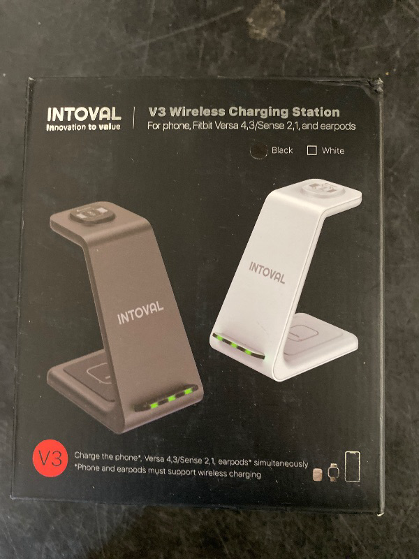 Photo 1 of Intoval Wireless Charger for Fitbit Sense 2/Sense/Versa 4/Versa 3, 3 in 1 Wireless Charging Station for iPhones, Androids, Airpods (V3F, Black)