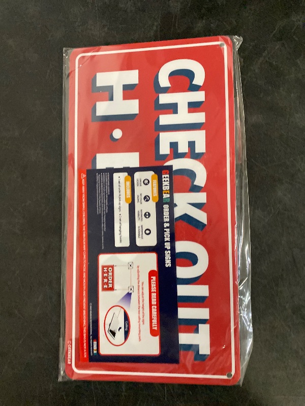 Photo 1 of GEEKBEAR Check Out Here Sign Hanging from Ceiling - 12 x 6 in (Red)