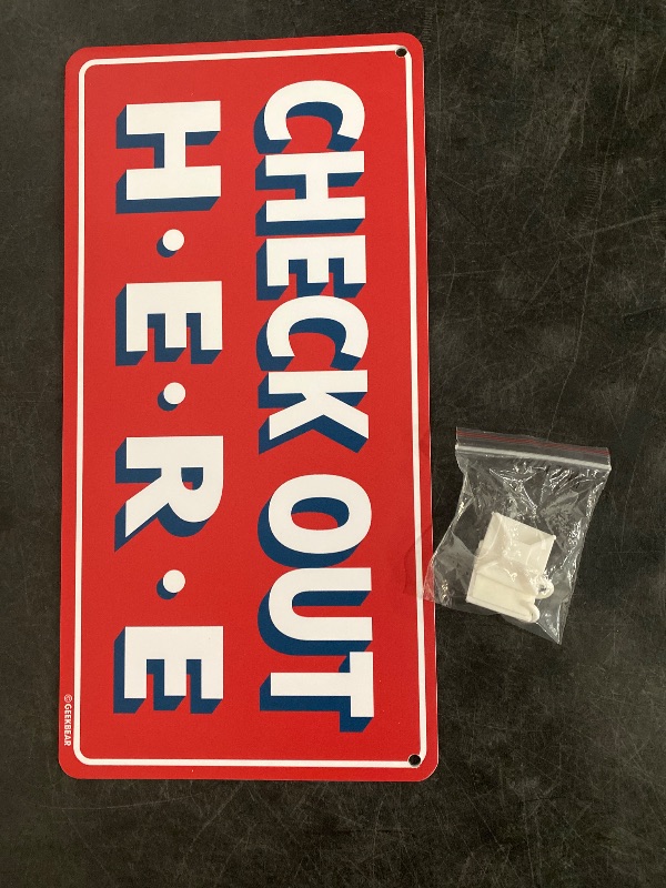 Photo 1 of GEEKBEAR Check Out Here Sign Hanging from Ceiling - 12 x 6 in (Red)