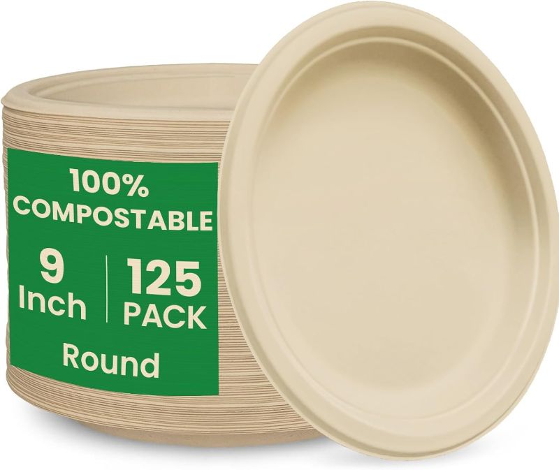 Photo 1 of ***FACTORY SEALED***125 Pack Disposable Paper Plates 9 Inch 100% Compostable Plates Bagasse Natural Biodegradable Plates Heavy Duty Dish Plates Party Sturdy Dinner (125, 9 IN-Natural)
