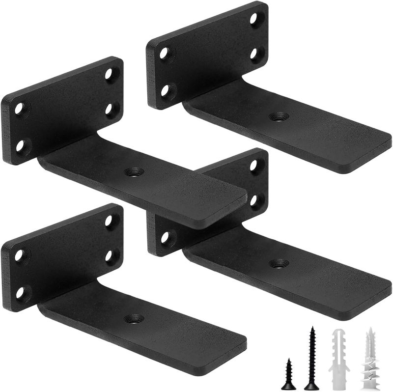 Photo 1 of (READ FULL POST) HITOMEN Heavy Duty Floating Shelf Brackets, 4-Inch (1/5'' Thick) Hidden Shelves Hardware, Cast Iron L Brackets, Rustic Industrial Black Metal Wall Shelving Supports, 6 Pack