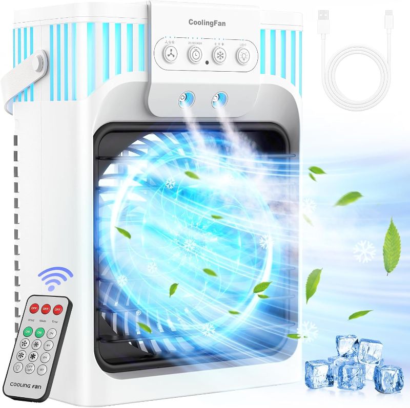 Photo 1 of  Portable Air Conditioner Cooling Fan with Remote, Quiet with 3 Speeds, 1200ml Evaporative Personal Air Cooler Fan with 3 Mist, 7 Night Light, 8H Timer, Small Air Conditioner for Bedroom Office
