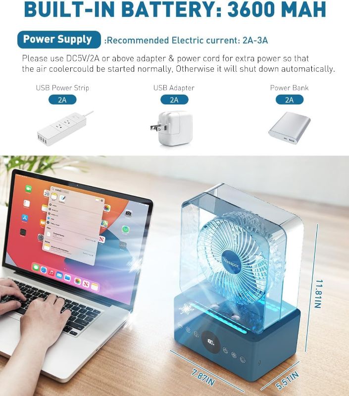 Photo 3 of (READ FULL POST) Portable Air Conditioners Cooling Fan with 3600mah battery, Quiet with 3 Speeds, 1000ml Evaporative Personal Air Conditioner Fan with Mist, 8H Timer, 4 LED mode, Small Air Cooler for Bedroom Office