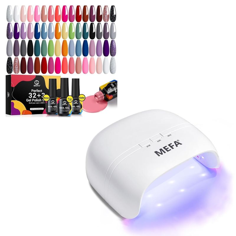 Photo 1 of **COLORS MAY BE DIFFERENT FROM STOCK PHOTO**
MEFA 35 Pcs Gel Nail Polish Set with UV Light for Gel Nails, 32 Colors All Seasons Collection Gel Nail Polish Kit with Base Coat No Wipe Glossy&Matte Top Coat, 12W UV Nail Lamp with 6 Pcs Lamp Beads
