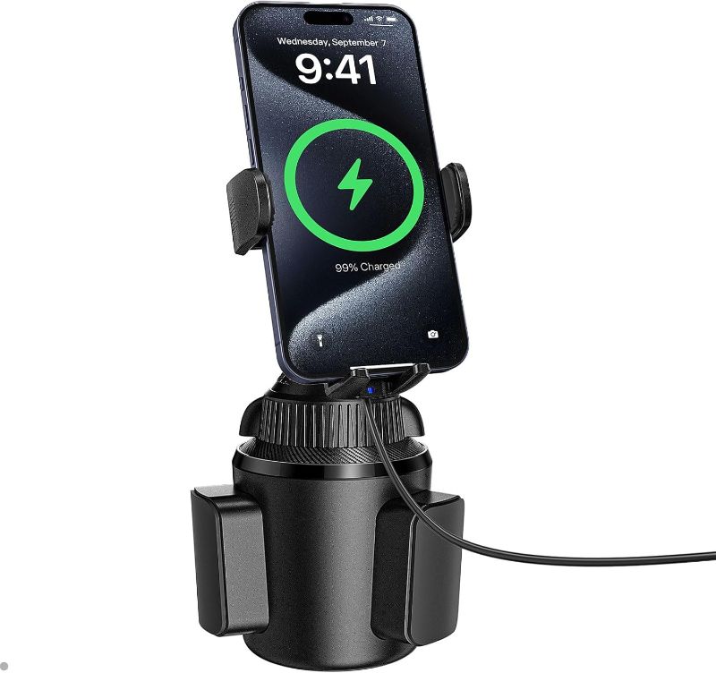 Photo 1 of APPS2Car Solid Cup Holder Phone Mount for Car Wireless Charger 15W with Quick Extension Long Arm Fast Swivel Adjustable Height 360 Rotatable Low Profile for iPhone 15 Pro Max Plus 14 13 12 11 XS X