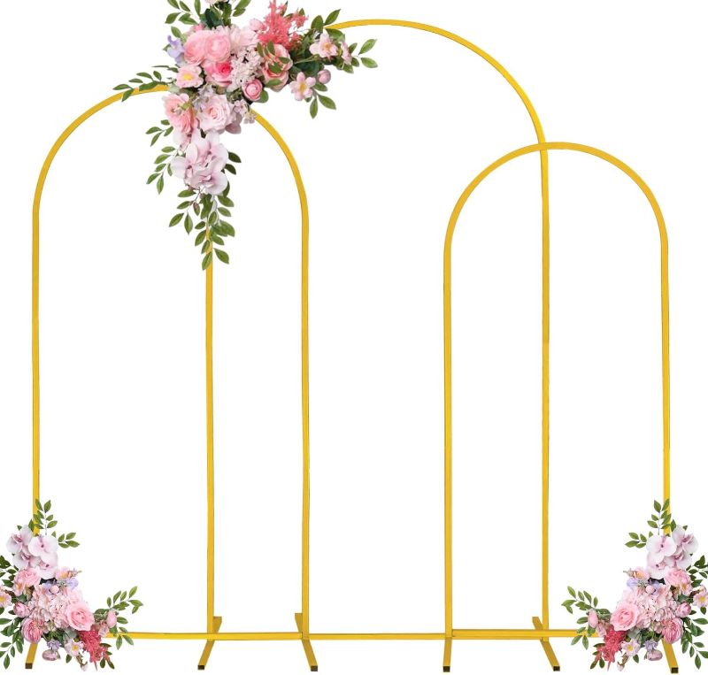 Photo 1 of Arch Backdrop Stand 7.2FT, 6.6FT, 6FT Set of 3 Gold Wedding Arch Stand Balloon Arch Stand Stable Metal Arch Backdrop Frame for Wedding Ceremony Birthday Party Bridal Baby Shower Banquet Decoration