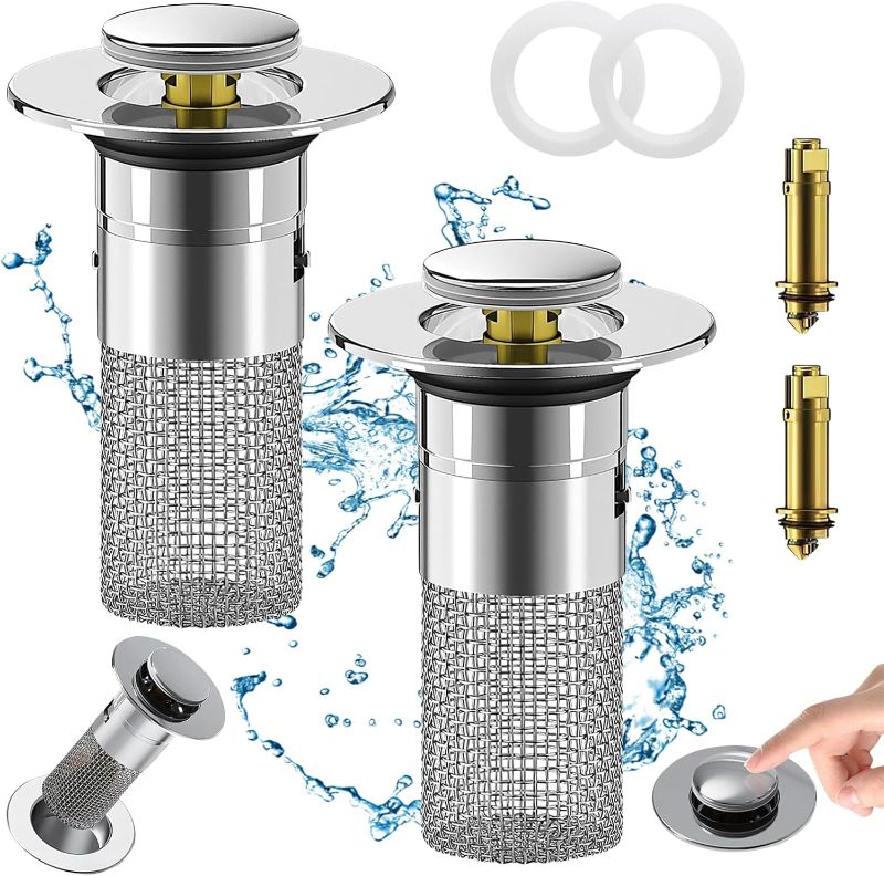 Photo 1 of Bathroom Sink Drain Strainer, Pop Up Sink Drain Filter with Removable Stainless Steel Filter Basket Hair Catcher, Bathroom Sink Drain Stopper, for Us Bathroom Sink Stopper Replacement (2pcs)  (similar ) 
B