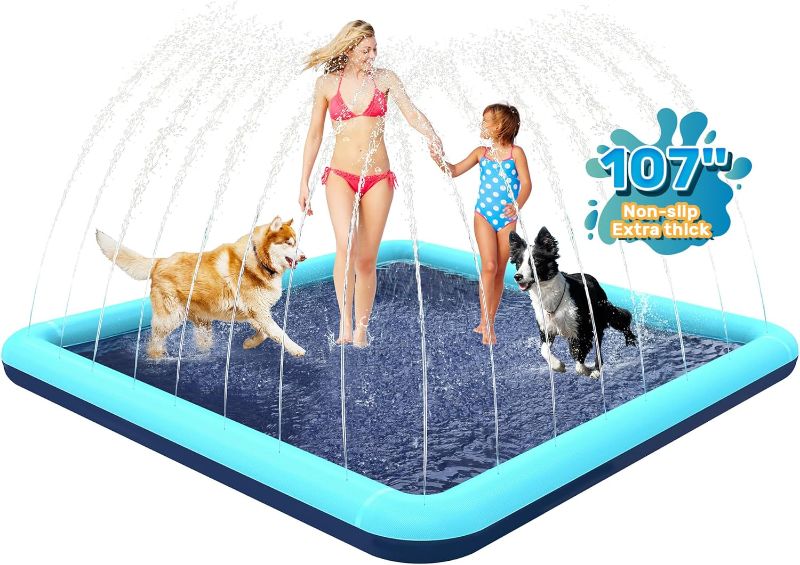 Photo 1 of 107'' Splash Pad for Dogs, Non-Slip Sprinkler for Kids, Square Splash Pad for Kids Ages 4-8, Splash Pads for Toddlers 1-3, Dog Sprinkler Shallow Pool, Outdoor Water Toys for Backyard, Teal
