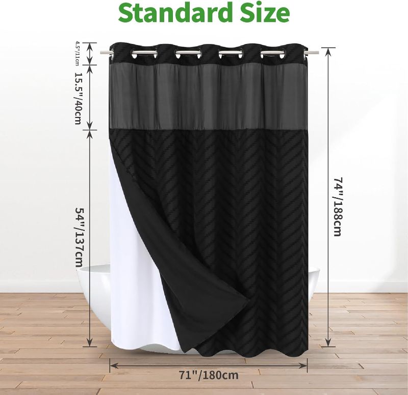 Photo 3 of (READ FULL POST) No Hook Shower Curtain and Snap in Liner Set Black Tufted Chevron Striped Cloth Waterproof Washable Fabric Boho Farmhouse Bath Curtain See Through Mesh Top Window for Bathroom Hotel 71" x 74"