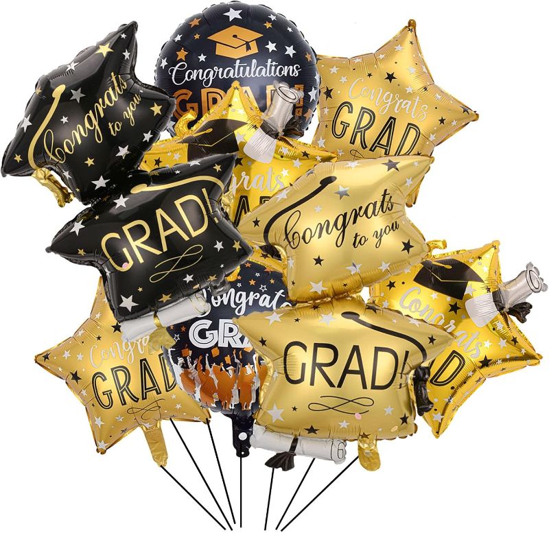 Photo 1 of 8PCS Graduation Cap Foil Balloon Black and Gold Graduation Hat Balloon Graduation Cap Star Balloon Congrats Grad Cap Balloon for 2024 Graduation Party Decorations Supplies