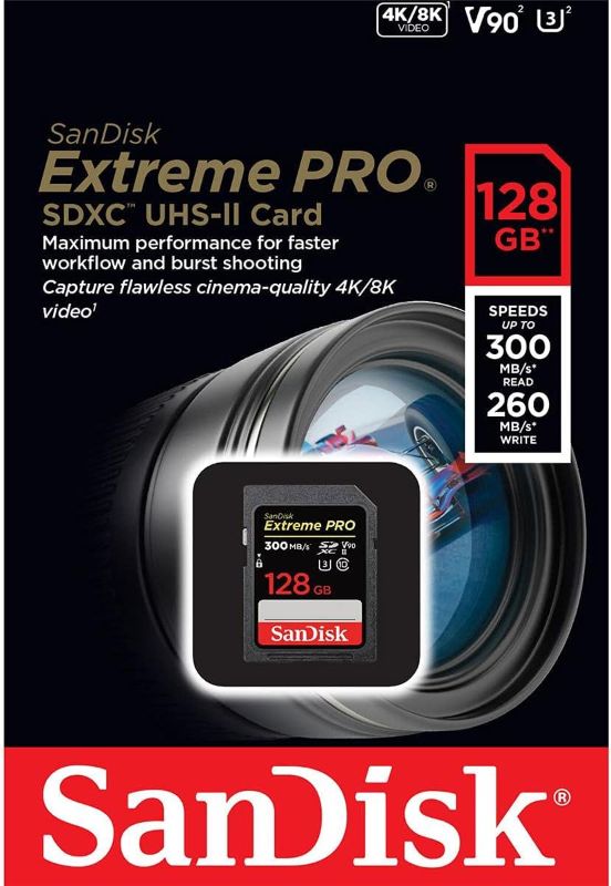 Photo 1 of ***STOCK PHOTO REFERENCE ONLY*** SanDisk 32GB Extreme PRO SDXC UHS-II Memory Card - C10, U3, V90, 8K, 4K, Full HD Video, SD Card - SDSDXDK-128G-GN4IN