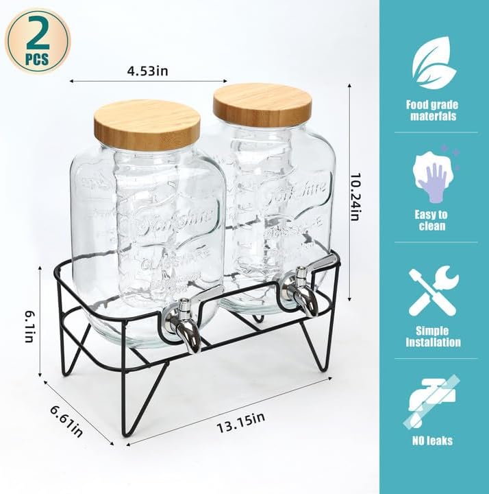 Photo 3 of (READ FULL POST) Roemey 1 Gallon Glass Drink Dispenser with Bamboo Lid, 2 Pack Beverage Dispenser with Stand, Drink Machine for Lemonade, Iced drinks, Kombucha Dispenser for Parties, Weddings