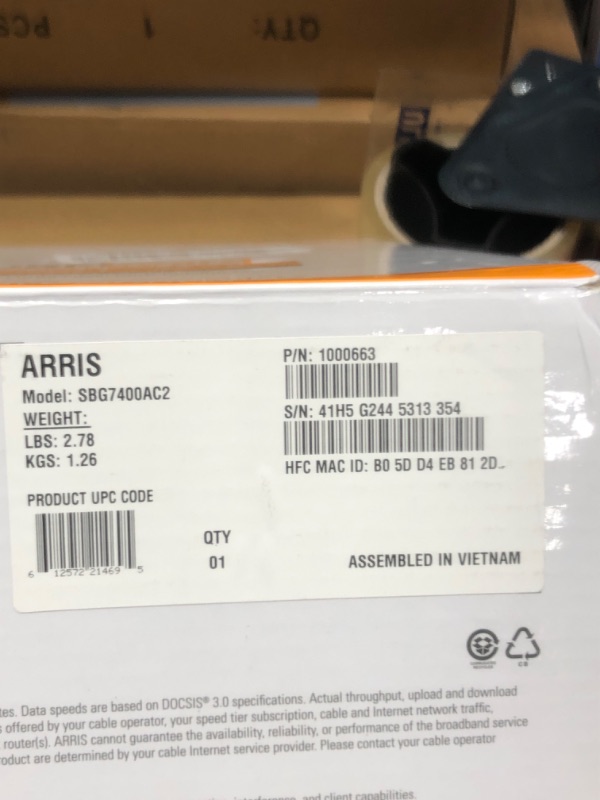 Photo 1 of ARRIS SURFboard SBG7400AC2 DOCSIS 3.0 Cable Modem and AC2350 Wi-Fi Router