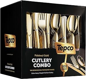 Photo 1 of 300 Gold Disposable Plastic Flatware Set - 100 Forks, 100 Spoons, 100 Knives - Heavy Duty Silverware for Party Bulk